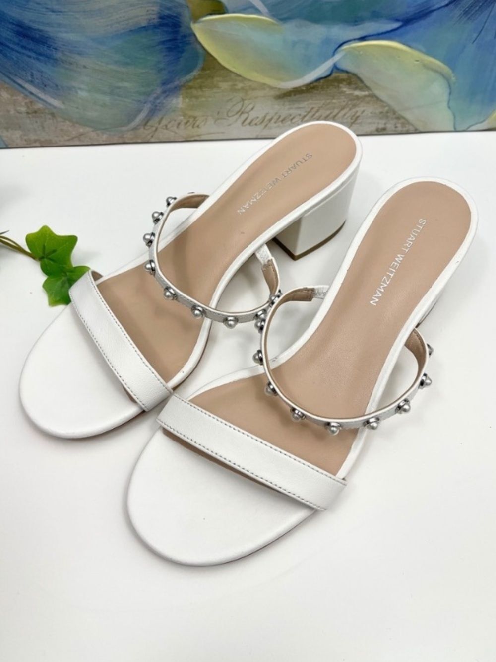 New Stuart Weitzman Pearly Strap Block Slide 50 Sandal in White Size 8 - Picture 5 of 12